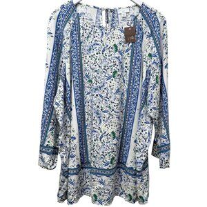 J.JILL Blue Boho Top Plus Size 2X Tunic Blouse Womens Long Sleeve Rayon NEW